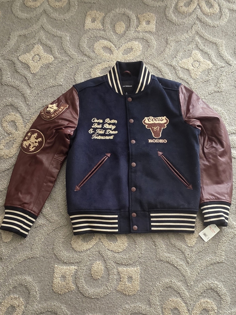 Lucky Brand Coors Rodeo Club Varsity Jacket Navy/Brown Men's Size M